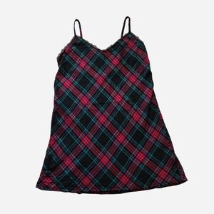 Victoria's Secret black & red plaid cami slip dress with lace trim.